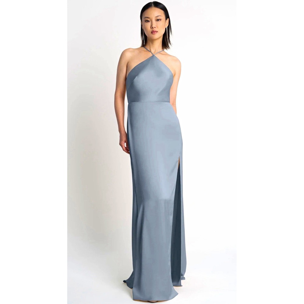 Jenny Yoo Satin Halter Backless Long Gown w/ Slit Blue/Gray Size 16